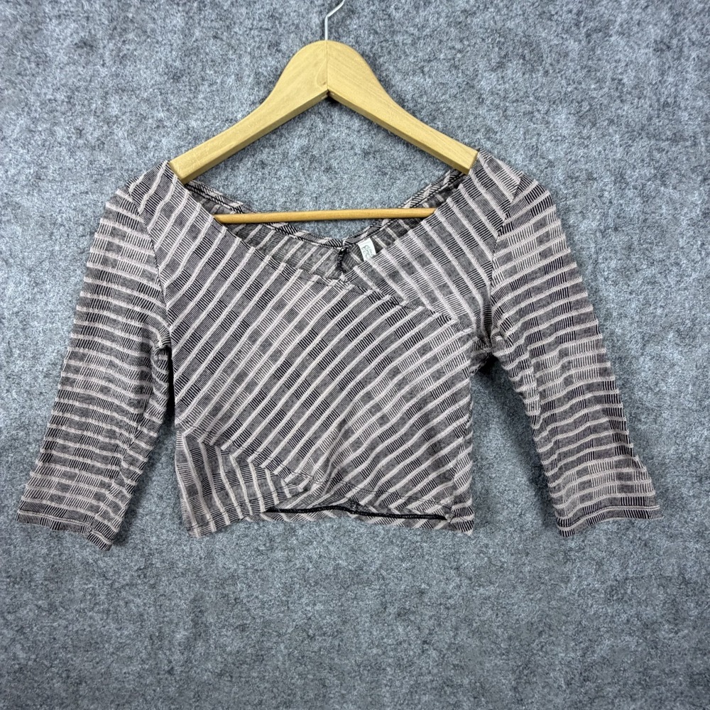 Free People Cropped Top Women XS Brown Striped Cotton V-Neck Pullover 3/4 Sleeve